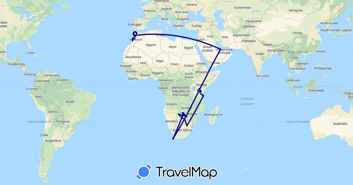 TravelMap itinerary: driving in Botswana, Kenya, Morocco, Qatar, Tanzania, South Africa, Zambia, Zimbabwe (Africa, Asia)
